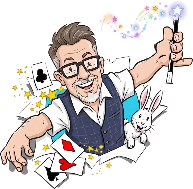 Magic Paul cartoon logo: Paul bursting through the page with a wand, cards and a white rabbit