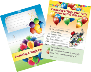 Balloon-themed children's party invitation and magic show flyer featuring vibrant colours and playful design by Magic Paul Childrens Magician.